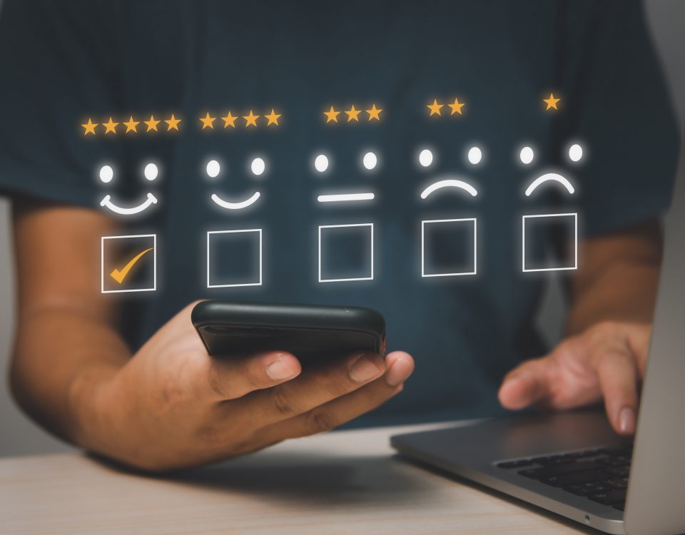 Customer review satisfaction feedback survey.Give very satisfied rating with smiley face icon service experience on online application concept.