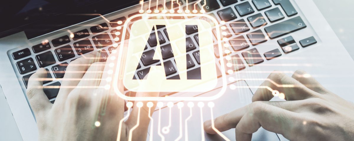 Creative artificial Intelligence symbol concept with hands typing on laptop on background. Multiexposure